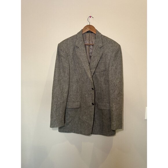 Stafford Gray Tweed Oversized Blazer Size 42 L– 70% Wool Elbow Patch Jacket Quie - Picture 2 of 13